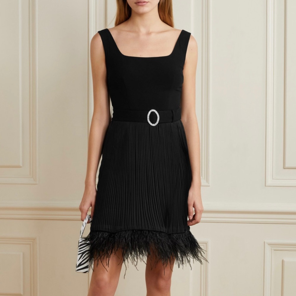 (New) HVN | Suki Feather-Trim Belted Dress